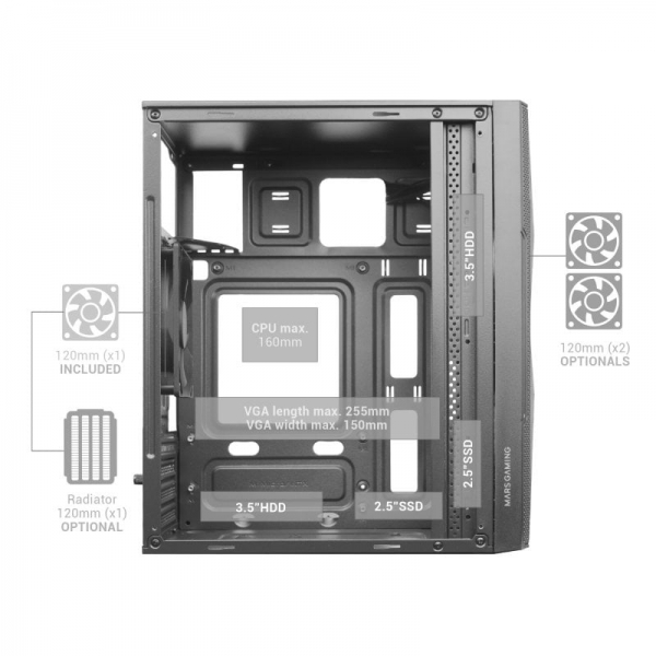 Mars Gaming MC-1500 Mini Tour - Fenêtre en Verre Trempé - Ventilation Silencieuse - Support Refroidissement Liquide - Stockage Flexible - Couleur Noir