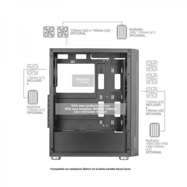 Mars Gaming MC-F Mid-Tower Gaming - 4 ventilateurs ARGB - Fenêtre en verre trempé - Support de refroidissement liquide - Couleur blanche