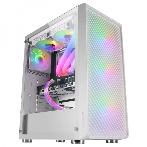 Mars Gaming MC-F Mid-Tower Gaming - 4 ventilateurs ARGB - Fenêtre en verre trempé - Support de refroidissement liquide - Couleur blanche