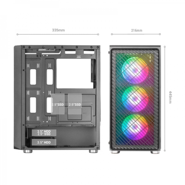 Mars Gaming MC-F Mid-Tower Gaming - 4 Ventilateurs ARGB - Verre Trempé - Support Refroidissement Liquide - Gestion des Câbles - Couleur Noir