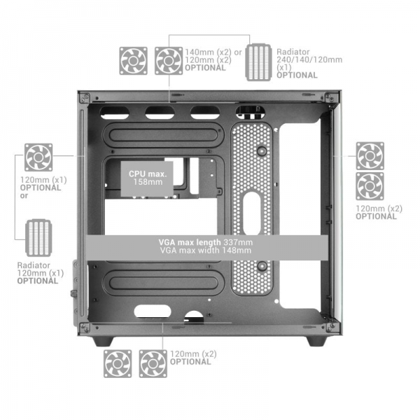 Mars Gaming MC-NOVAM Minitower - Double Verre Trempé - Jusqu'à 7 Ventilateurs - USB-C - Compatible MicroATX/Mini-ITX - Coloris Blanc
