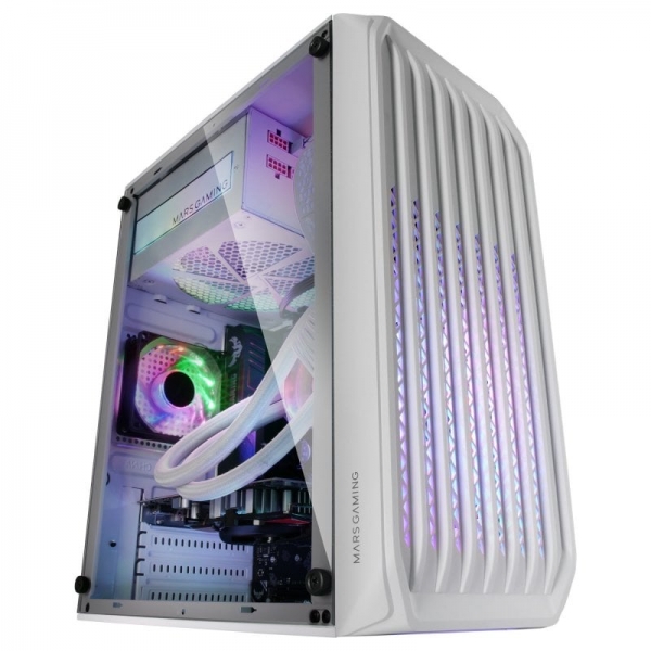 Mars Gaming MC-S2 Boîtier de jeu compact - Ventilateurs FRGB - Support de refroidissement liquide - Compatible Micro-ATX/Mini-ITX - Fenêtre latérale complète - Couleur blanche