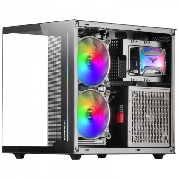 Mars Gaming MC-VIEW Mini tour de jeu personnalisée Premium - Verre trempé continu - Structure modulaire à double chambre - Support de refroidissement liquide 240 mm - Couleur noire