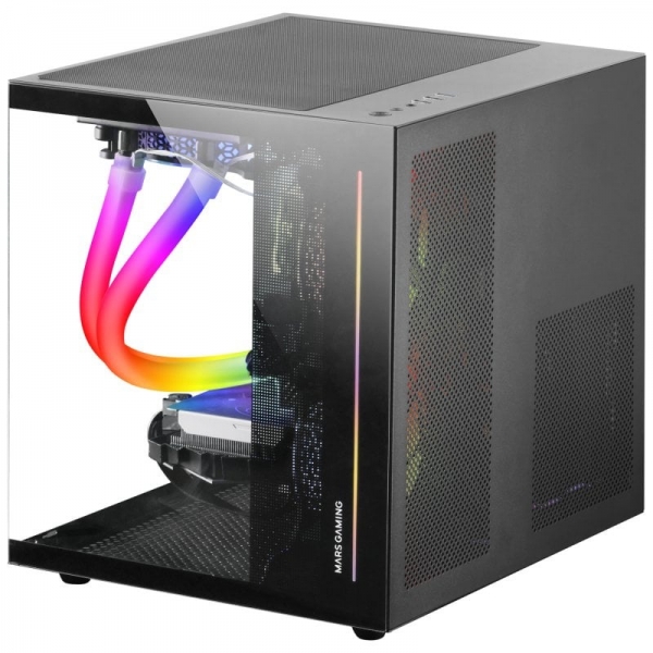 Mars Gaming MC-VIEW Mini tour de jeu personnalisée Premium - Verre trempé continu - Structure modulaire à double chambre - Support de refroidissement liquide 240 mm - Couleur noire