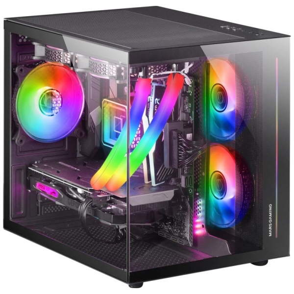 Mars Gaming MC-VIEW Mini tour de jeu personnalisée Premium - Verre trempé continu - Structure modulaire à double chambre - Support de refroidissement liquide 240 mm - Couleur noire