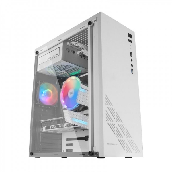 Mars Gaming MC100 Moyenne Tour Gaming - Acier Ultra-léger - Refroidissement CONVECT-COOL avancé - Éclairage RGB Fixe - Support de Plaque ATX/microATX/mini-ITX - Couleur Blanc