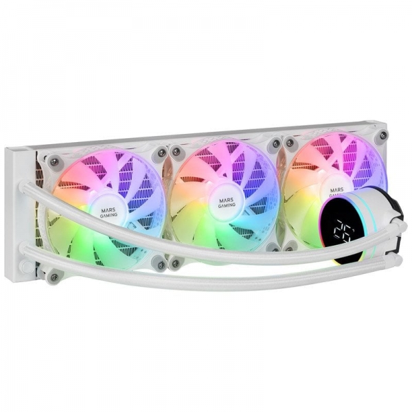 Mars Gaming ML-LCD360 ARGB Refroidissement Liquide - Trois Ventilateurs 120 mm - Écran LCD de Température - Compatibilité Multisocket - TDP 600W - Tubes Téflon - Couleur Blanc