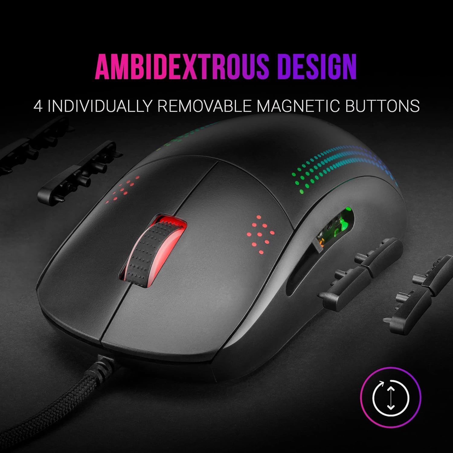 Mars Gaming MMPRO Souris ambidextre professionnelle 32K DPI - Conception ambidextre ultralégère - Éclairage chromatique RVB - Commutateurs mécaniques KAILH - Câble paracorde plume - Couleur noire