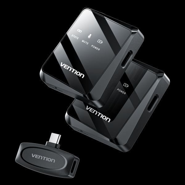 Microphone Clip Sans Fil Vention USB-C - Qualité Audio 32 kHz - Latence 20 ms - Batterie 26h - Portée 50m - Suppression du bruit - Couleur Noir