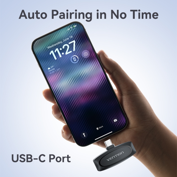 Microphone Clip Sans Fil Vention USB-C - Qualité Audio 32 kHz - Latence 20 ms - Batterie 26h - Portée 50m - Suppression du bruit - Couleur Noir