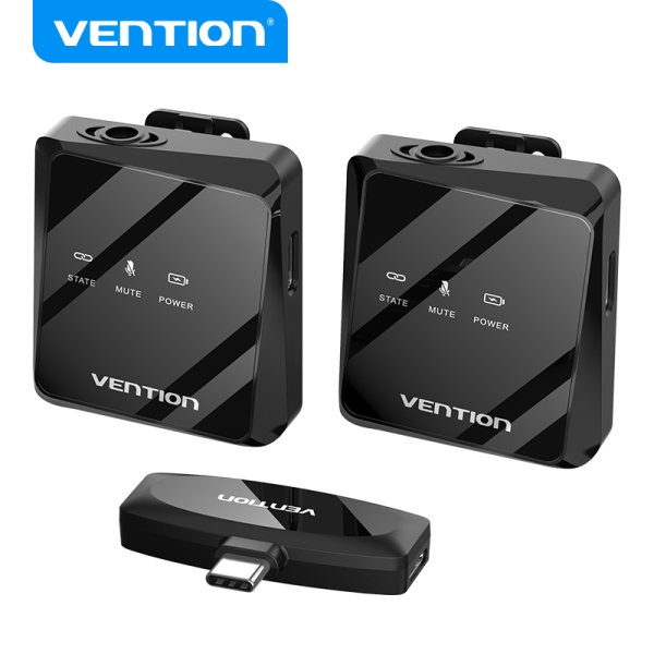 Microphone Clip Sans Fil Vention USB-C - Qualité Audio 32 kHz - Latence 20 ms - Batterie 26h - Portée 50m - Suppression du bruit - Couleur Noir