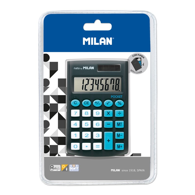 Milan Calculatrice de Poche 8 Chiffres - Calculatrice de Poche - Soft Touch - 3 Touches de Mémoire et Racine Carrée - Couleur Noir