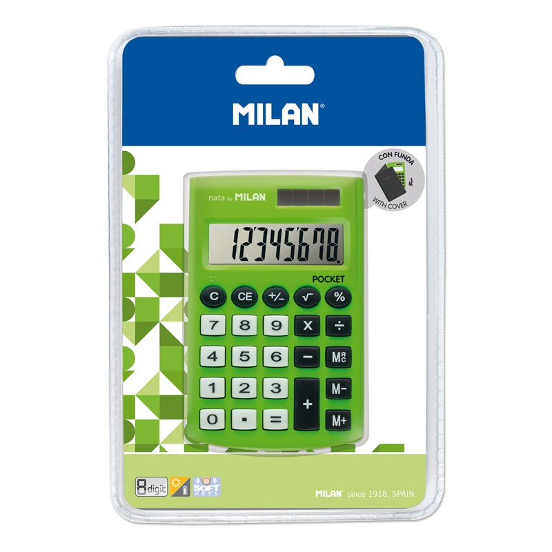 Milan Calculatrice de Poche Chiffres 8 - Calculatrice de Poche - Soft Touch - 3 Touches de Mémoire et Racine Carrée - Couleur Verte