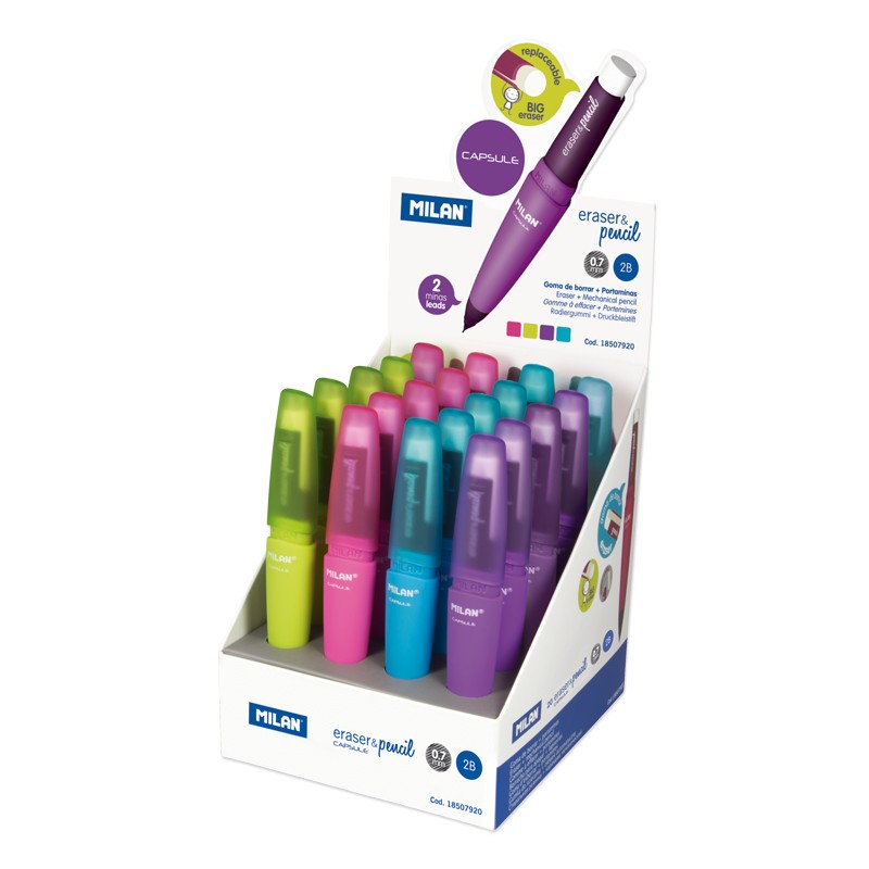 Milan Capsule Présentoir de 20 Portemines - Mine 0,7 mm Graphite 2B - Gomme Milan Extra Large - Couleurs Assorties