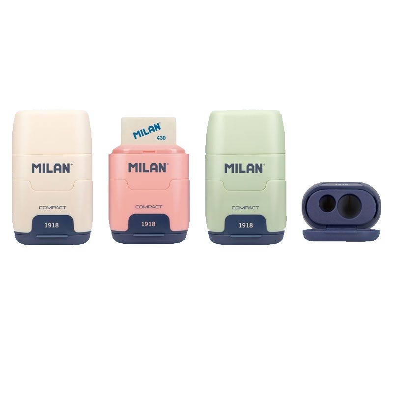 Milan Compact Series 1918 Présentoir de 16 Aiguiseurs Compacts avec Gomme - Aiguiseur Double - Lame de Sécurité - Coloris Beige, Bleu, Rose et Vert