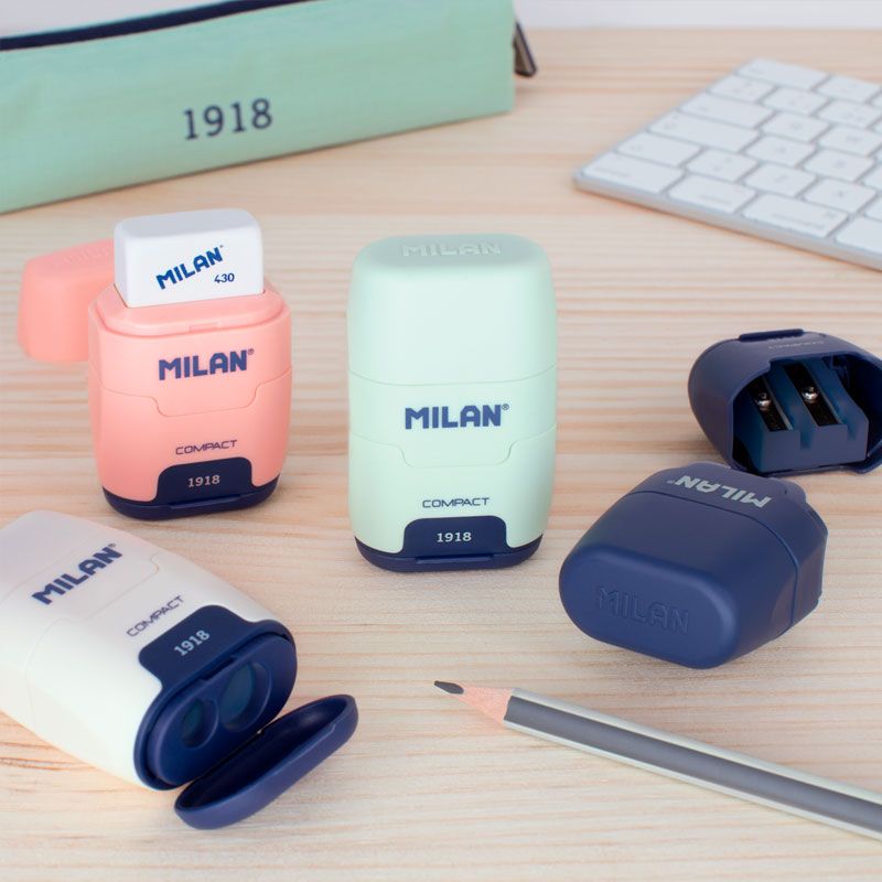 Milan Compact Series 1918 Présentoir de 16 Aiguiseurs Compacts avec Gomme - Aiguiseur Double - Lame de Sécurité - Coloris Beige, Bleu, Rose et Vert