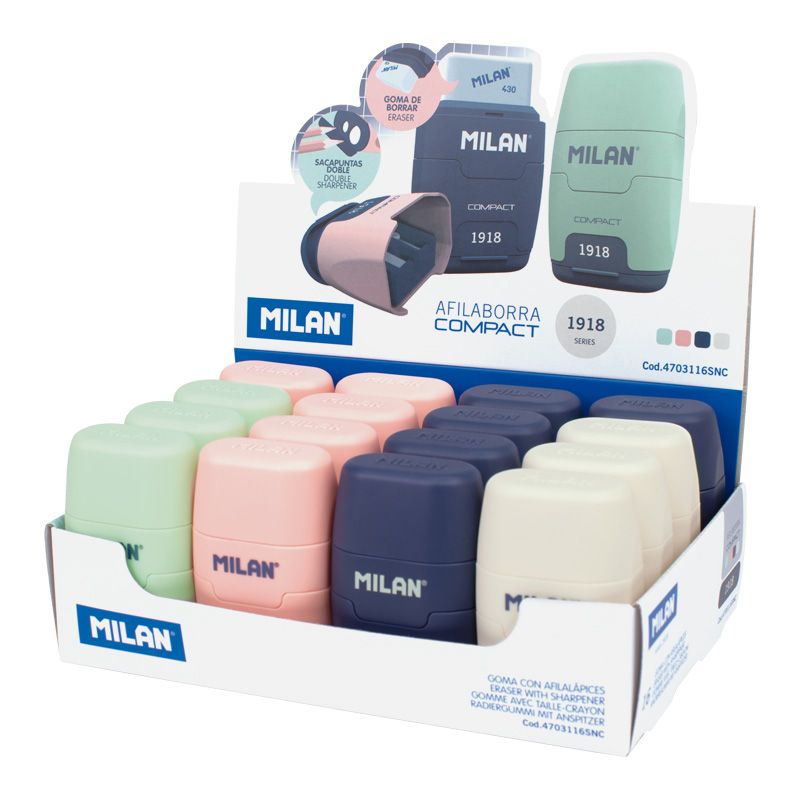 Milan Compact Series 1918 Présentoir de 16 Aiguiseurs Compacts avec Gomme - Aiguiseur Double - Lame de Sécurité - Coloris Beige, Bleu, Rose et Vert