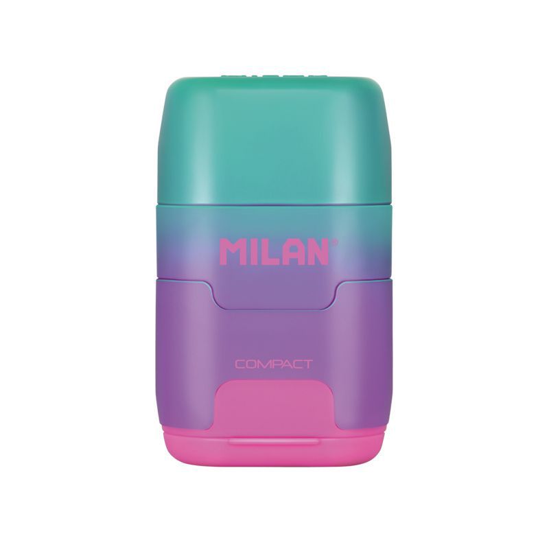 Milan Compact Sunset Taille-Crayon Compact avec 2 Gommes - Taille-Crayon Double - Lame de Sécurité - Couleur Turquoise/Violet/Rose