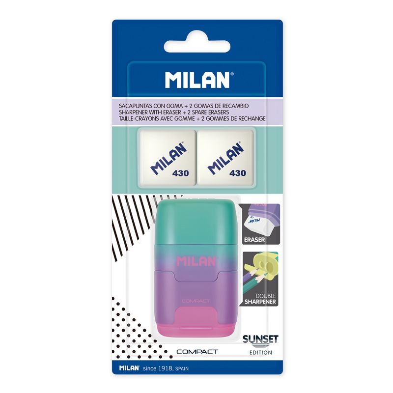Milan Compact Sunset Taille-Crayon Compact avec 2 Gommes - Taille-Crayon Double - Lame de Sécurité - Couleur Turquoise/Violet/Rose