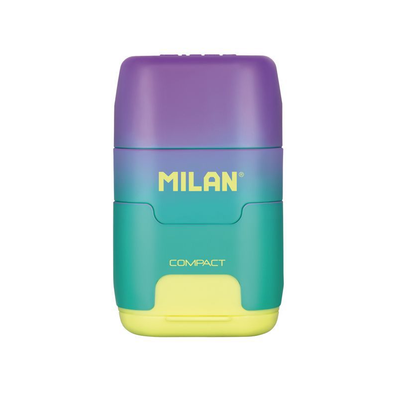 Milan Compact Sunset Taille-Crayon Compact avec 2 Gommes - Taille-Crayon Double - Lame de Sécurité - Couleur Turquoise/Violet/Jaune