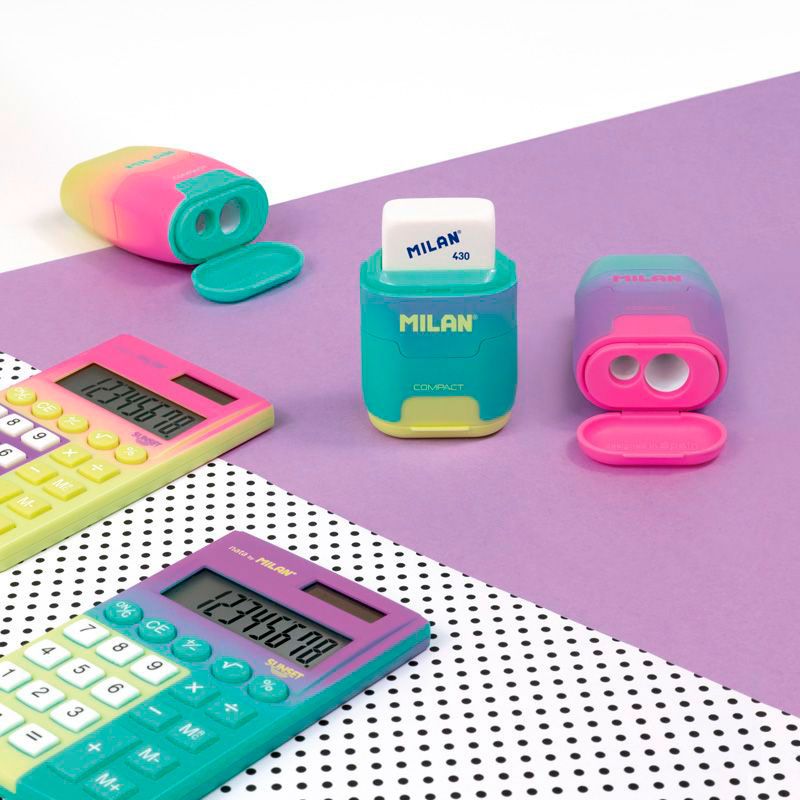 Milan Compact Sunset Taille-Crayon Compact avec 2 Gommes - Taille-Crayon Double - Lame de Sécurité - Couleur Turquoise/Violet/Jaune