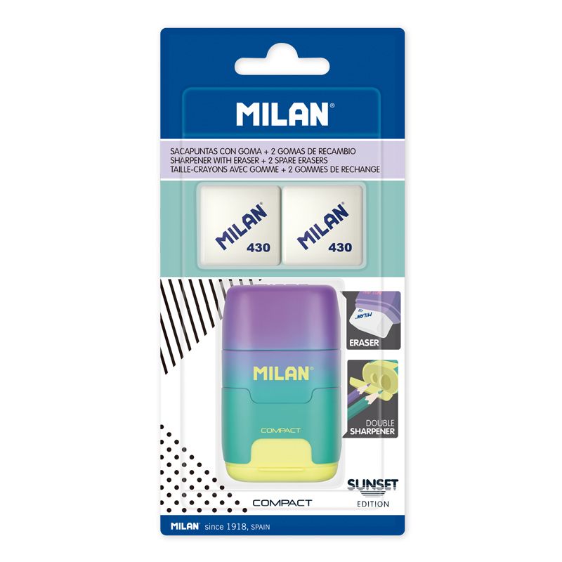 Milan Compact Sunset Taille-Crayon Compact avec 2 Gommes - Taille-Crayon Double - Lame de Sécurité - Couleur Turquoise/Violet/Jaune