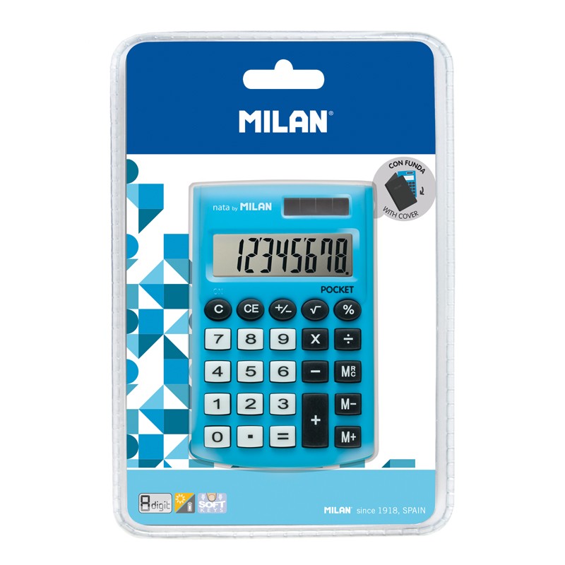 Milan Digits Pocket Calculator 8 - Calculatrice de poche - Soft Touch - 3 touches de mémoire et racine carrée - Couleur bleue