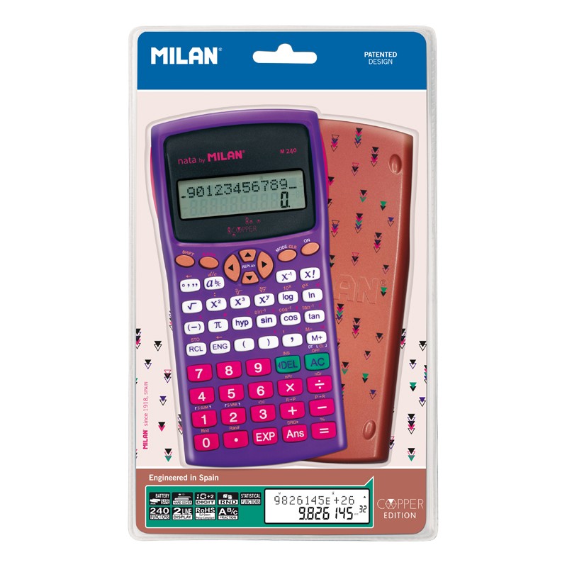 Milan M240 Calculatrice Scientifique Cuivre 10+2 Chiffres - Affichage 2 Lignes - 240 Fonctions Intégrées Dont 124 Scientifiques - Etui de Protection Estampé - Couleur Violet