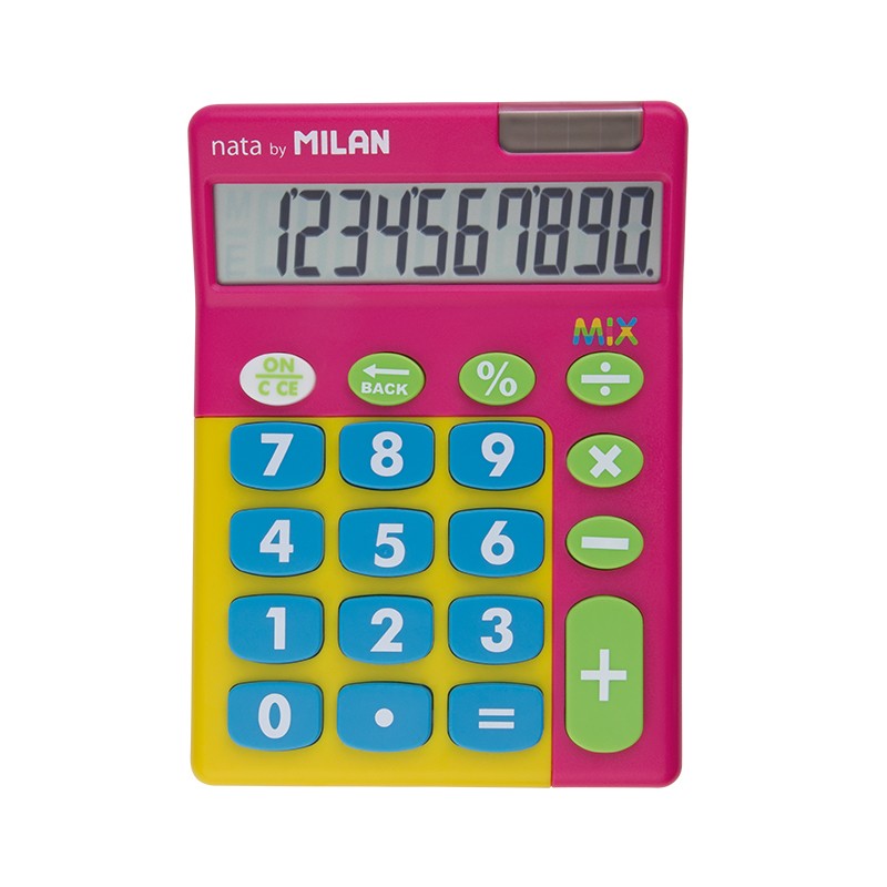 Milan Mix Calculatrice de Bureau 10 Chiffres - Grandes Touches - Arrêt Automatique - Couleur Rose et Jaune