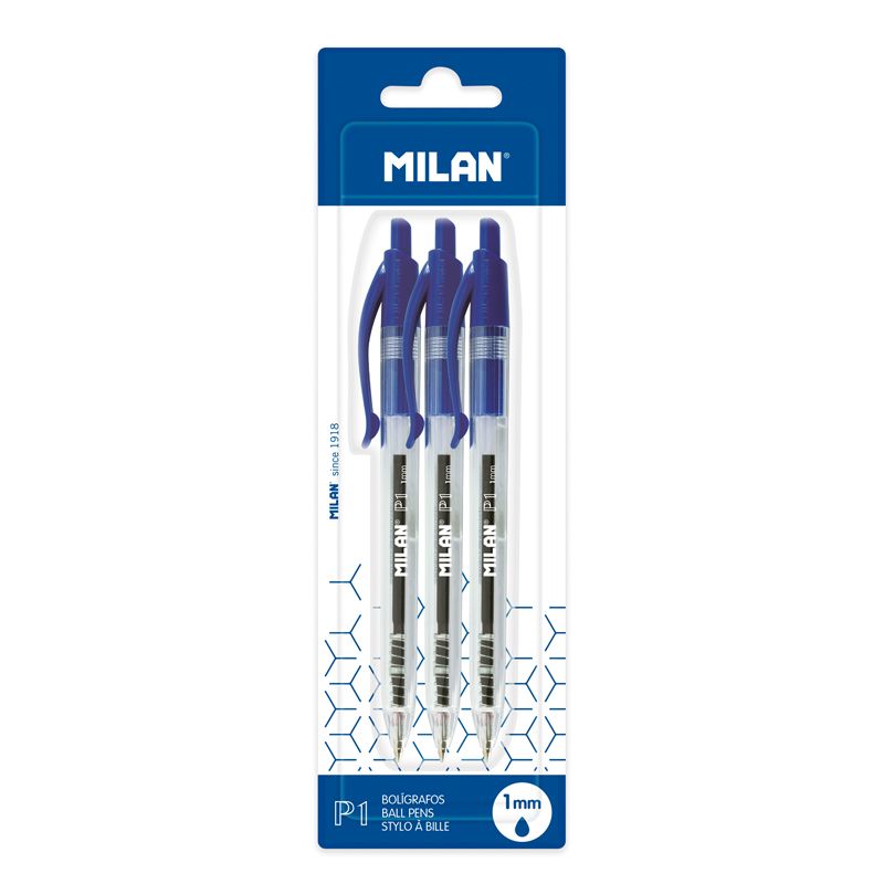 Milan P1 Lot de 3 Stylos Bille Rétractables - Pointe Ronde 1 mm - Corps Transparent - Couleur Bleu