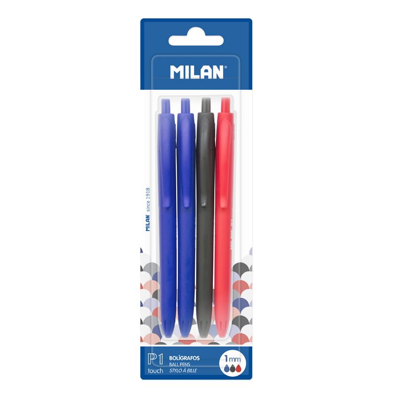 Milan P1 Touch Lot de 4 Stylos Bille Rétractables - Pointe Ronde 1 mm - Encre à base d'Huile - Écriture fluide - 1 200 m d'écriture - Couleur Bleu x2, Noir et Rouge