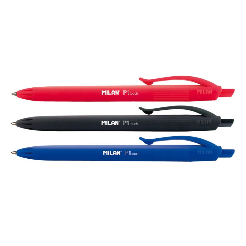 Milan P1 Touch Lot de 4 Stylos Bille Rétractables - Pointe Ronde 1 mm - Encre à base d'Huile - Écriture fluide - 1 200 m d'écriture - Couleur Noir x2, Bleu et Rouge