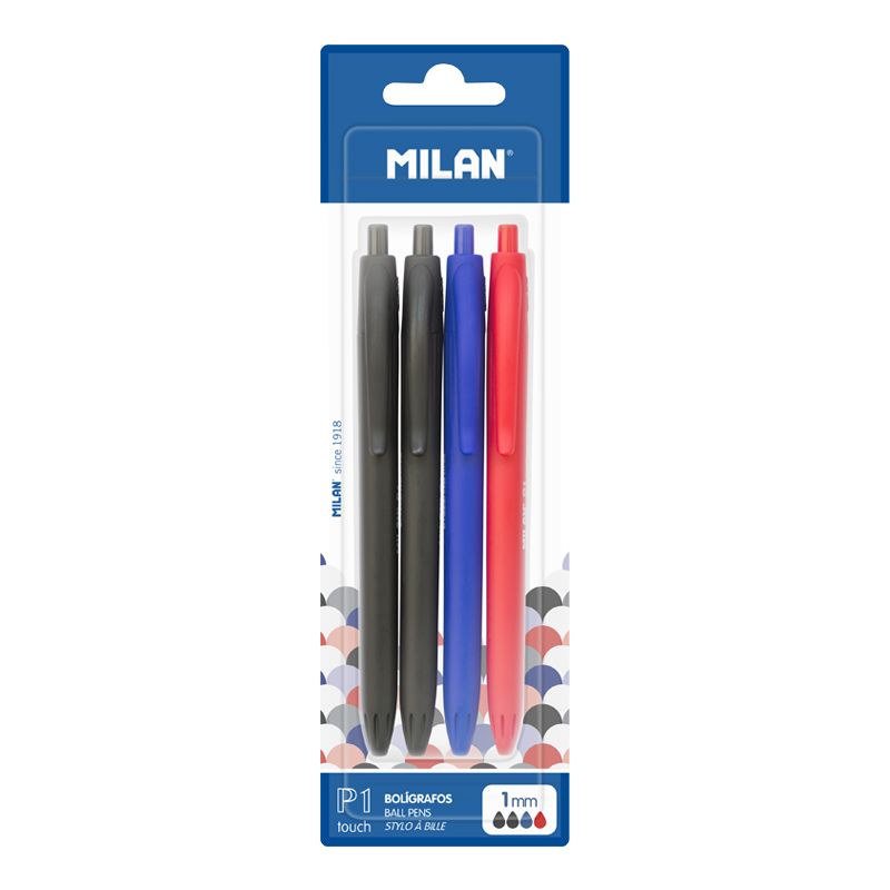 Milan P1 Touch Lot de 4 Stylos Bille Rétractables - Pointe Ronde 1 mm - Encre à base d'Huile - Écriture fluide - 1 200 m d'écriture - Couleur Noir x2, Bleu et Rouge