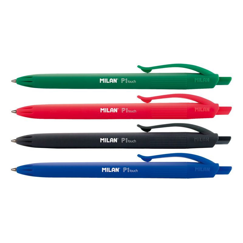 Milan P1 Touch Lot de 5 Stylos Bille Rétractables - Pointe Ronde 1 mm - Encre à base d'Huile - Écriture fluide - 1 200 m d'écriture - Couleur Bleu x2, Noir, Rouge et Vert