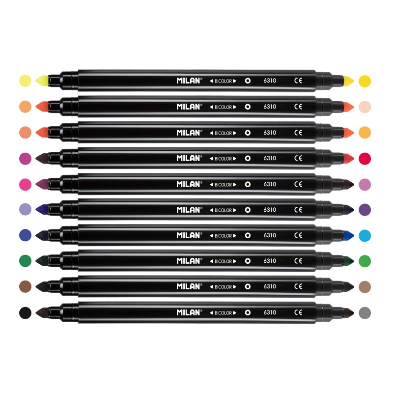 Milan Pack de 10 Marqueurs Bicolores Double Pointe - Pointe Conique 5mm - Encre à Base d'Eau - Lavable - Couleurs Assorties