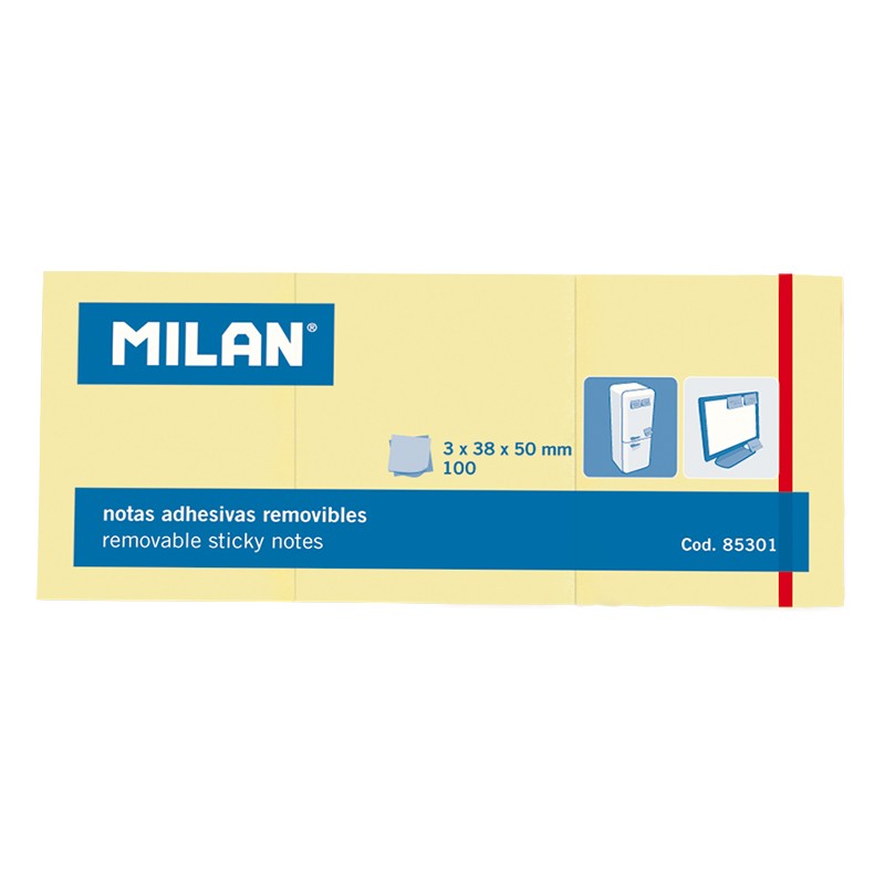 Milan Pack de 3 Blocs de 100 Notes Autocollantes - Amovibles - 38mm x 50mm - Couleur Jaune Clair