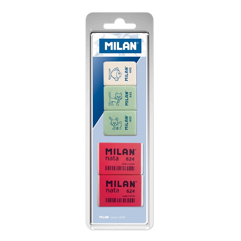 Pack 5 Gommes Milan, 3x445 + 2x624 - Assorties