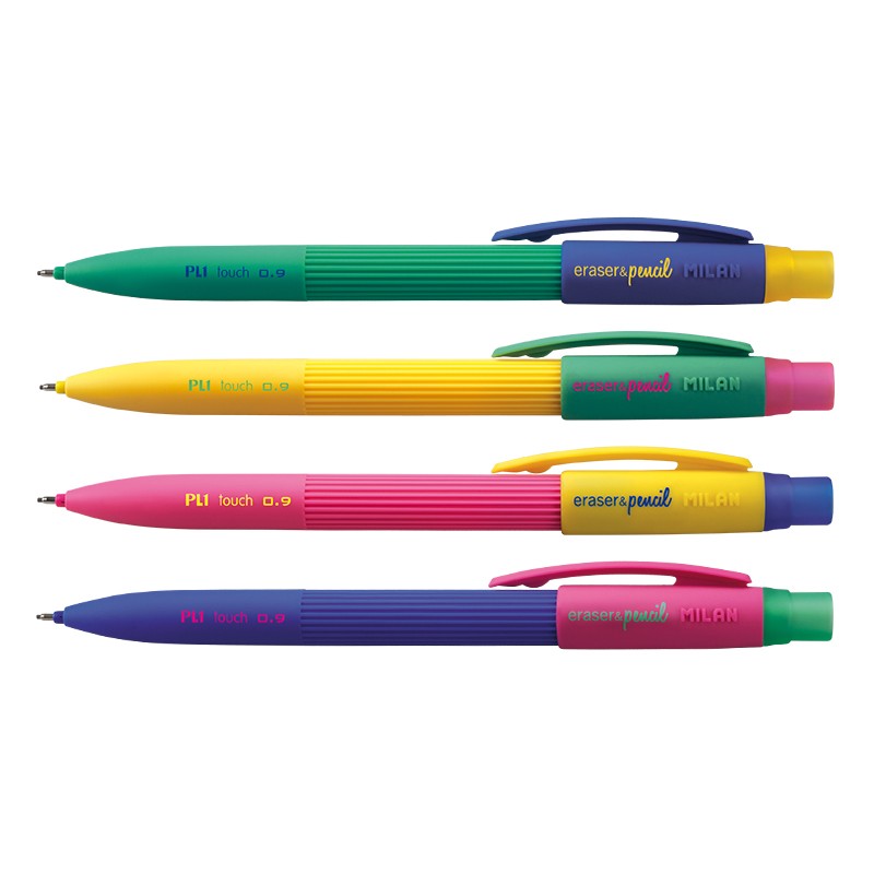 Milan PL1 Présentoir de 20 Portemines - Mine 0,9 mm 2B Graphite - Gomme Milan Extra Longue - Couleurs Assorties