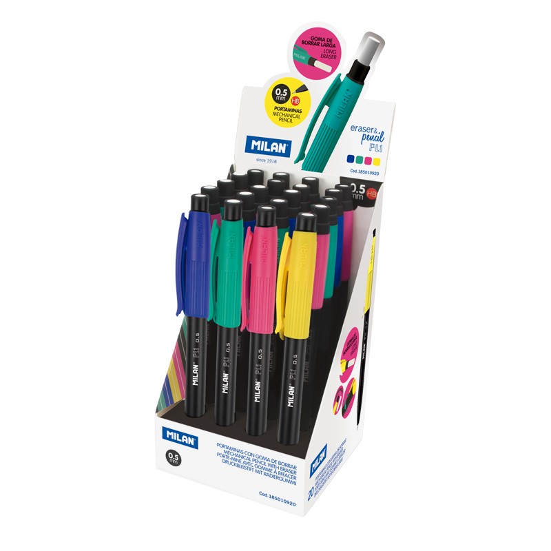 Milan PL1 Présentoir de 20 Portemines - Mine Graphite HB 0,5 mm - Gomme Milan Extra Longue - Couleurs Assorties