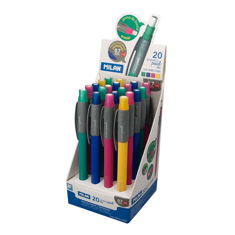 Milan PL1 Présentoir de 20 Portemines - Mine Graphite HB 0,7 mm - Gomme Milan Extra Longue - Couleurs Assorties