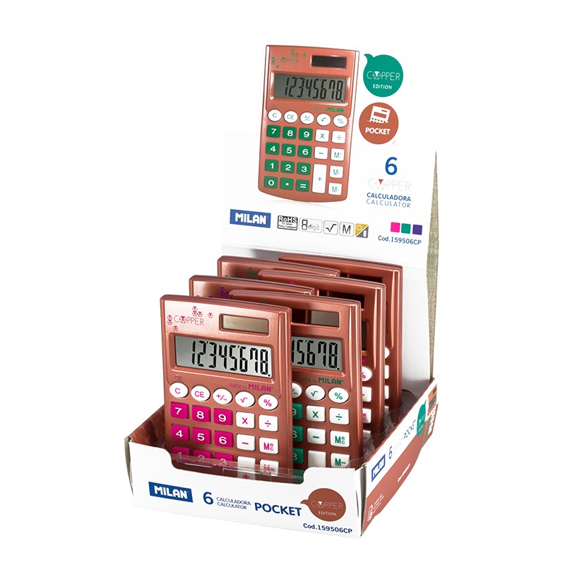 Lot de 6 Calculatrices de Poche 8 Chiffres - Soft Touch - 3 Touches Mémoire et Racine Carrée - Arrêt Automatique - Couleurs Assorties