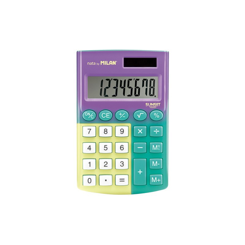 Milan Pocket Sunset Calculator 8 Chiffres - Calculatrice de Poche - Soft Touch - 3 Touches de Mémoire et Racine Carrée - Couleur Turquoise et Jaune