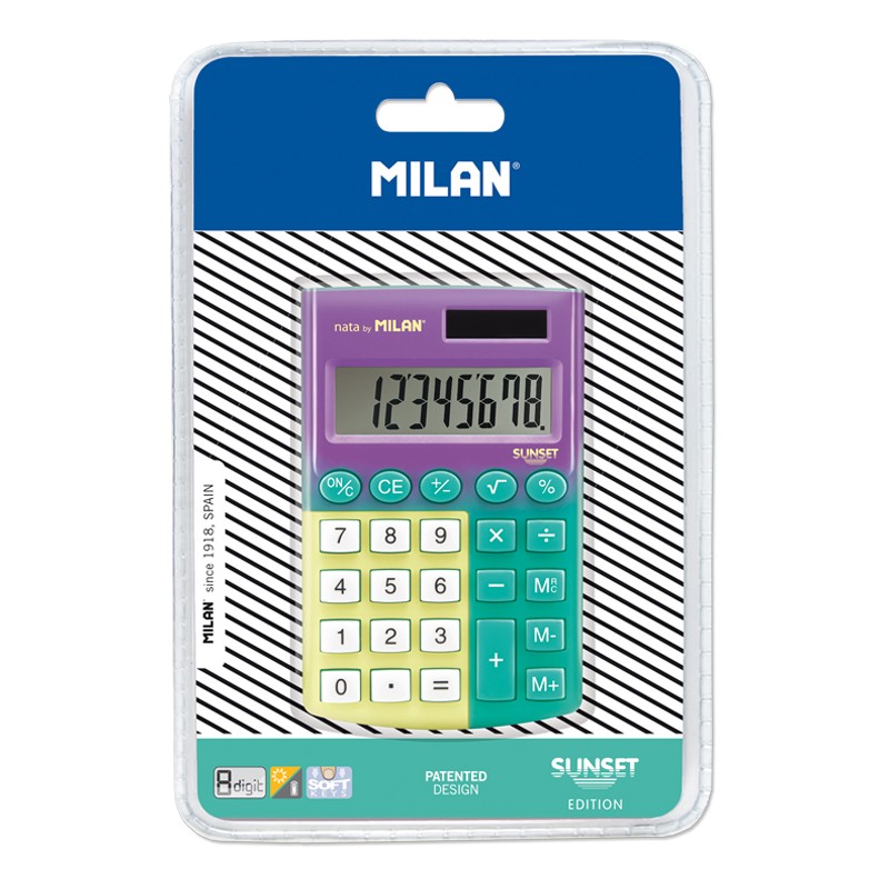 Milan Pocket Sunset Calculator 8 Chiffres - Calculatrice de Poche - Soft Touch - 3 Touches de Mémoire et Racine Carrée - Couleur Turquoise et Jaune