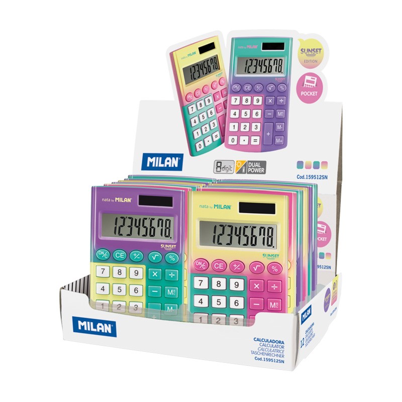 Lot de 8 calculatrices de poche - 8 chiffres - Soft Touch - Couleurs assorties