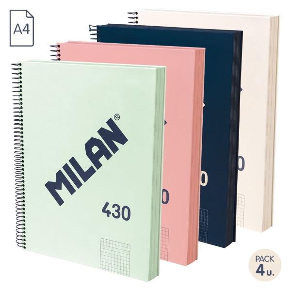 Milan Serie 1918 Pack de 4 Cahiers à Spirale Format A4 Grille 5x5mm - 120 Feuilles de 95 gr/m2 - Micro-perforées, 4 Trous - Couleurs Assorties