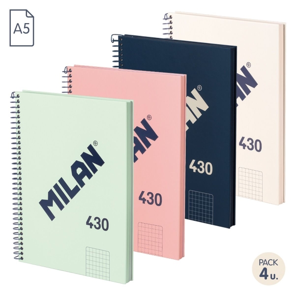 Milan Serie 1918 Pack de 4 Cahiers à Spirale Format A5 Grille 5x5mm - 80 Feuilles de 95 gr/m2 - Micro-perforés, 2 Trous - Couleurs Assorties