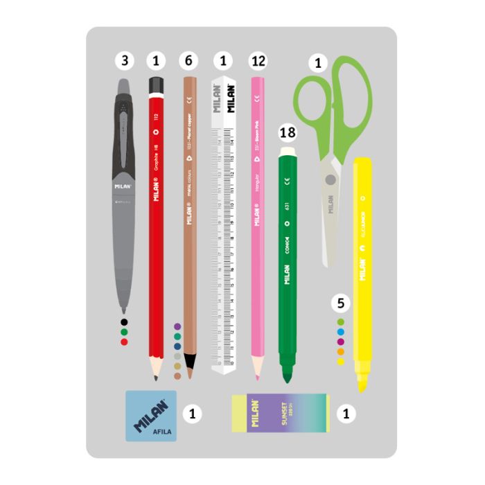 Milan Sunset Trousse à 2 étages avec 2 gommes, taille-crayon, crayon, stylo compact, règle, 12 crayons de couleur et 18 marqueurs – Couleur noir/rose