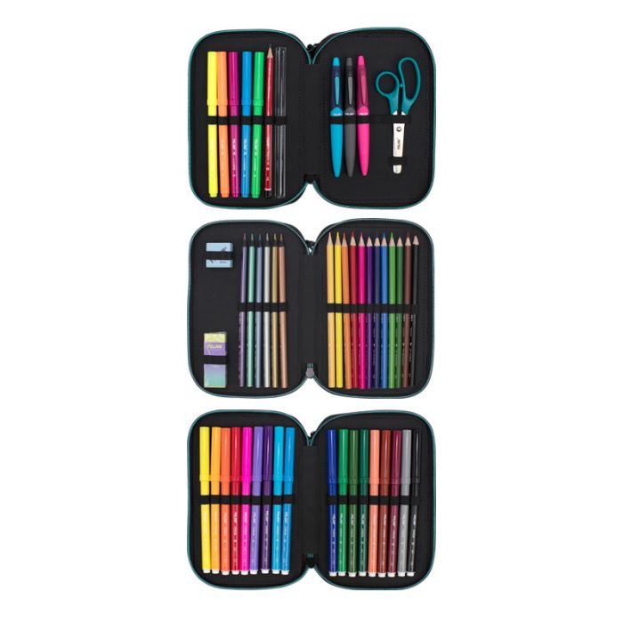Milan Sunset Trousse à 3 niveaux avec gomme, taille-crayon, crayon, 3 stylos capsules, règle, 12 crayons de couleur, 6 crayons de couleur métalliques, 5 crayons fluorescents, ciseaux et 18 marqueurs – Rose