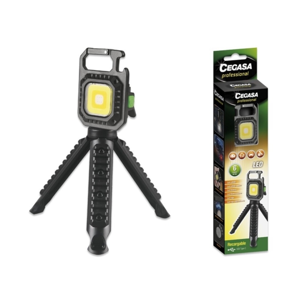 Mini lampe torche professionnelle Cegasa avec trépied COB jusqu'à 670 lm - Blanc, jaune, blanc et jaune combinés, lumière rouge et clignotante - Batterie rechargeable USB-C - Noir