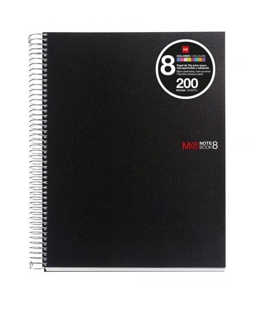 Miquel Rius Notebook8 Cahier Spirale Format A4 - 200 Feuilles de 70 gr Microperforé 4 Trous - Couvertures Polypropylène - Grille 5x5 - Couleur Noir